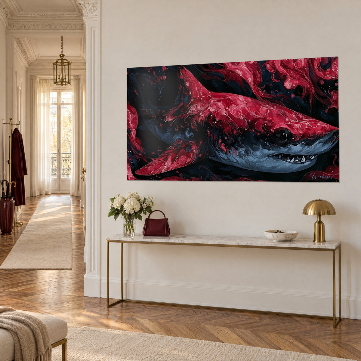 Schilderij karmijnrode haai zwemmend door wervelingen van zwarte inkt, donker oog, aan een witte muur, vergulde console in Haussmann-stijl