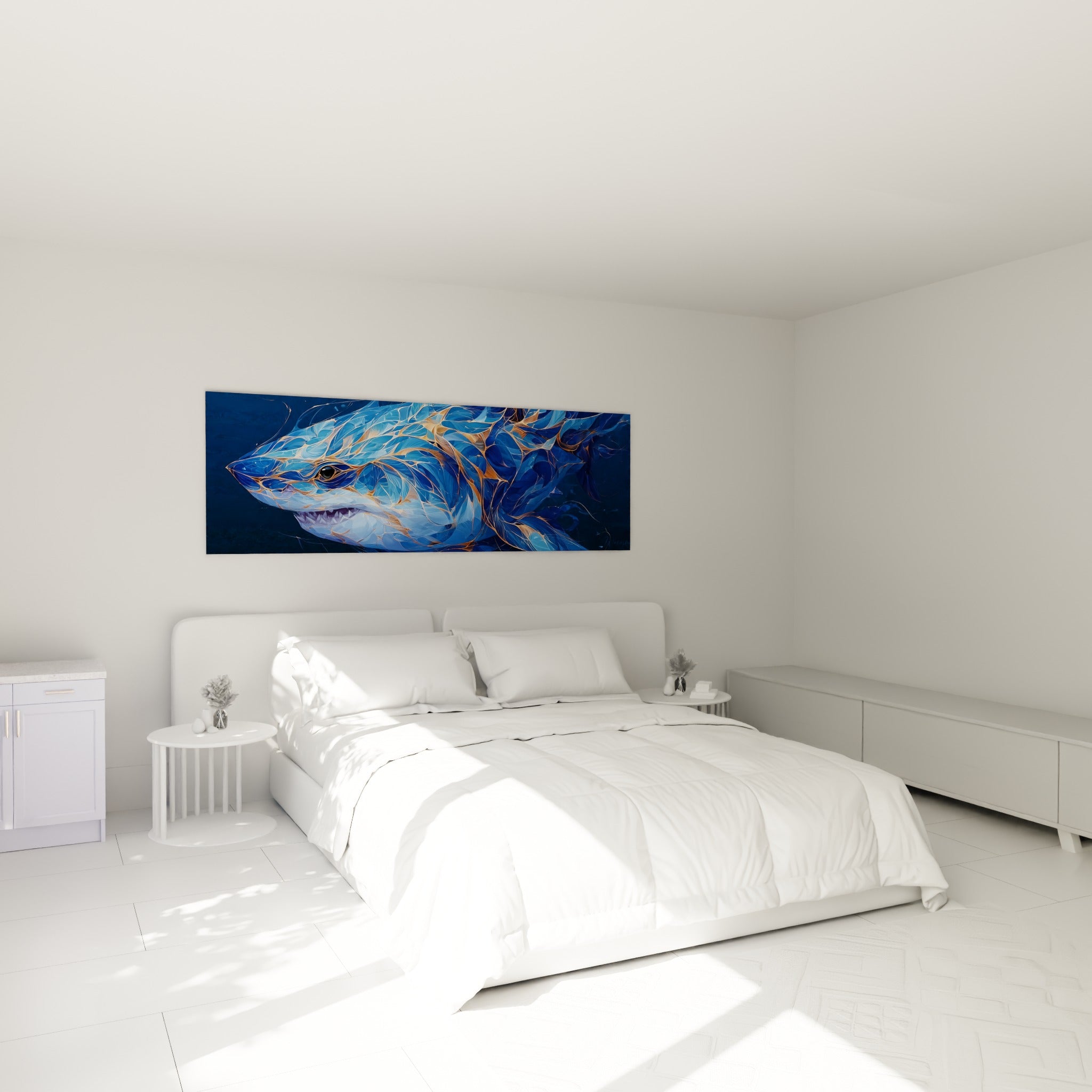 Requin bleu marine aux filaments dorés, œil noir intense, au-dessus d'un lit dans une chambre claire