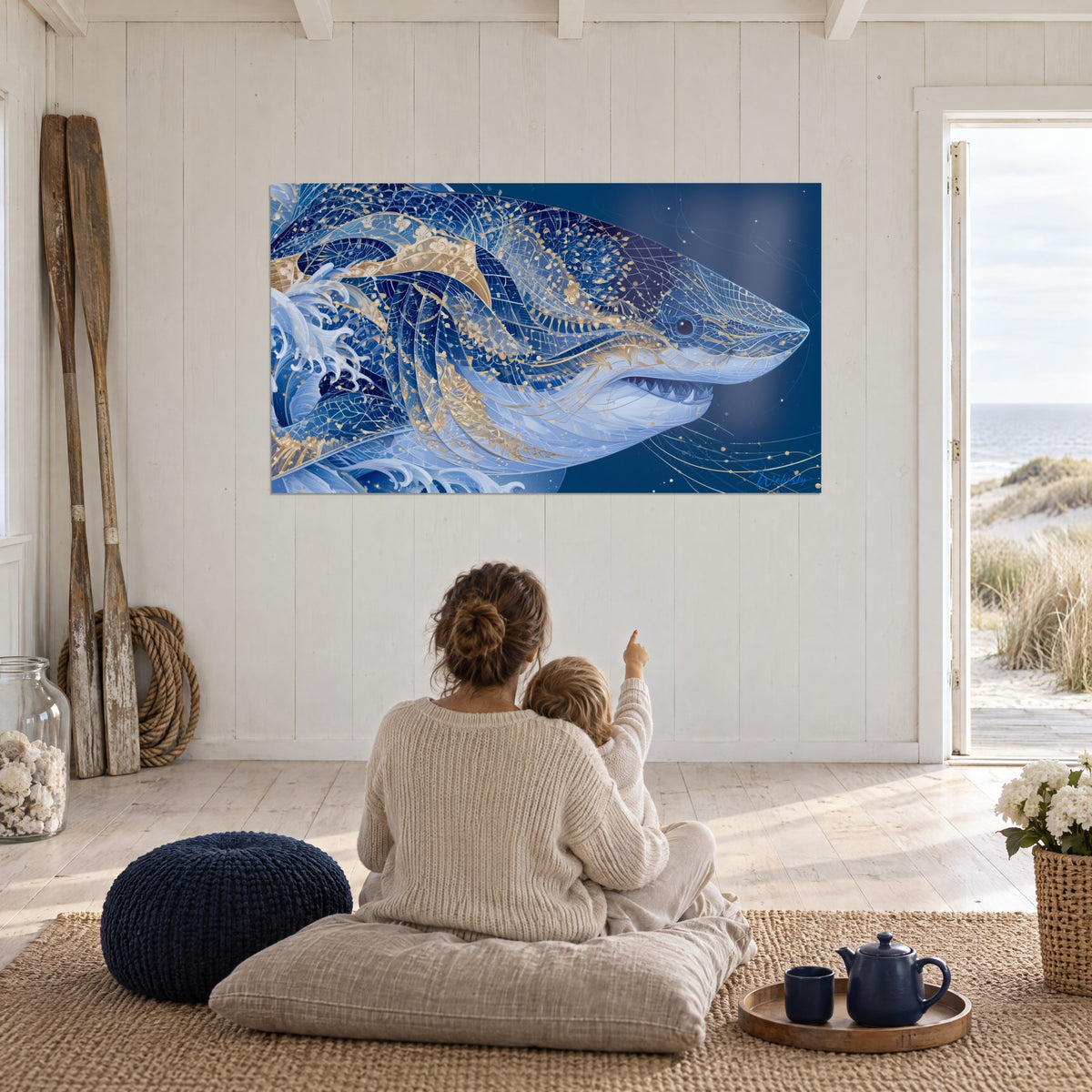 Wall art shark profile with gold ornaments on midnight blue, curled white waves, facing a reading corner with cushions