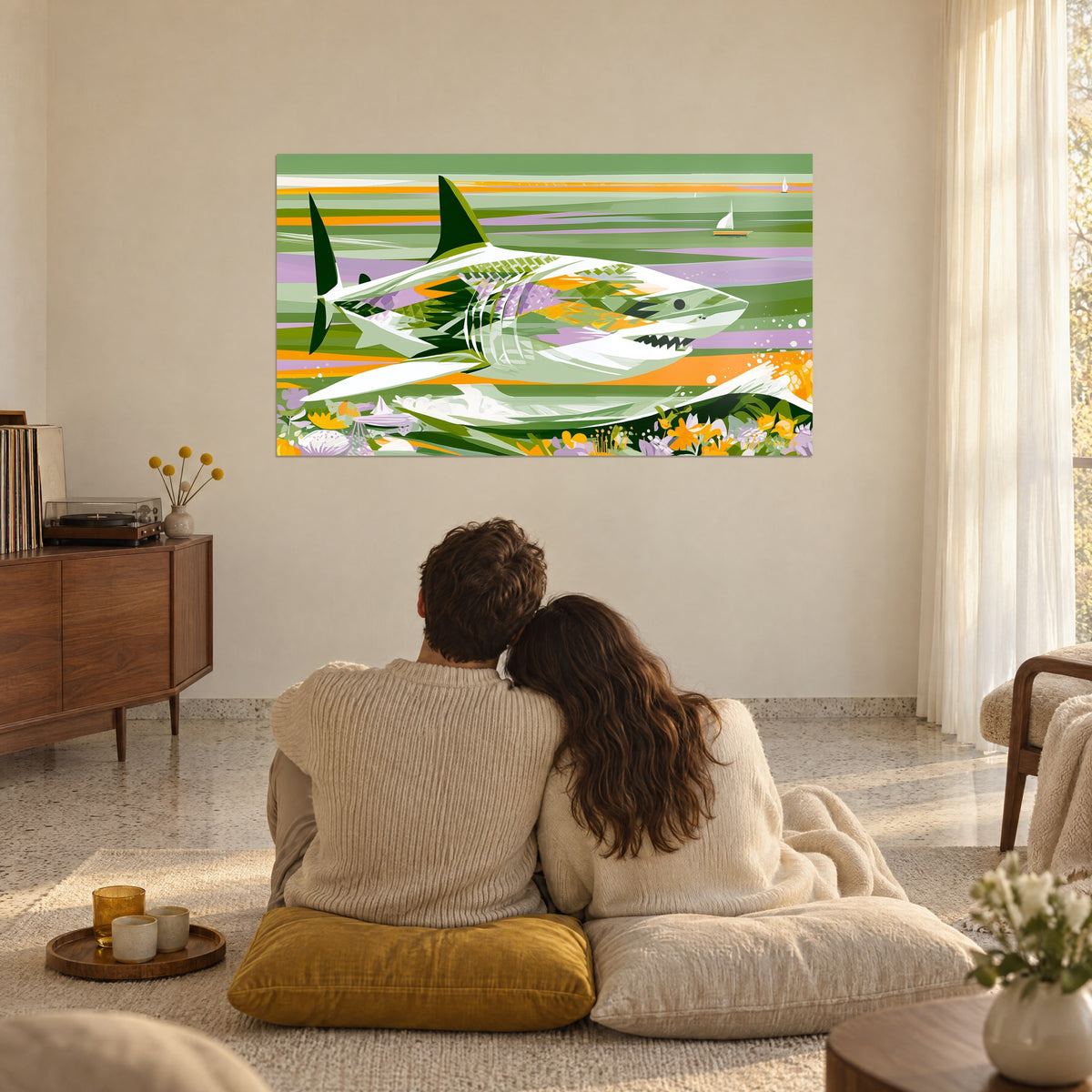 Tableau mirage marin au requin blanc, fleurs orange et lilas en bas, face à un couple enlacé sur des coussins dans un salon spacieux