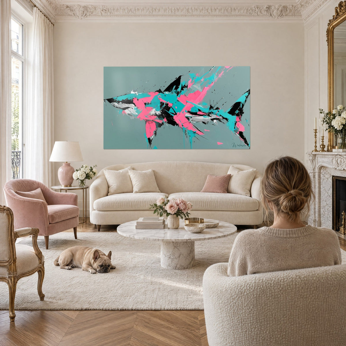 Tableau requin abstrait en éclats rose et turquoise sur fond sauge, bulldog couché, au-dessus d'un canapé dans un salon lumineux