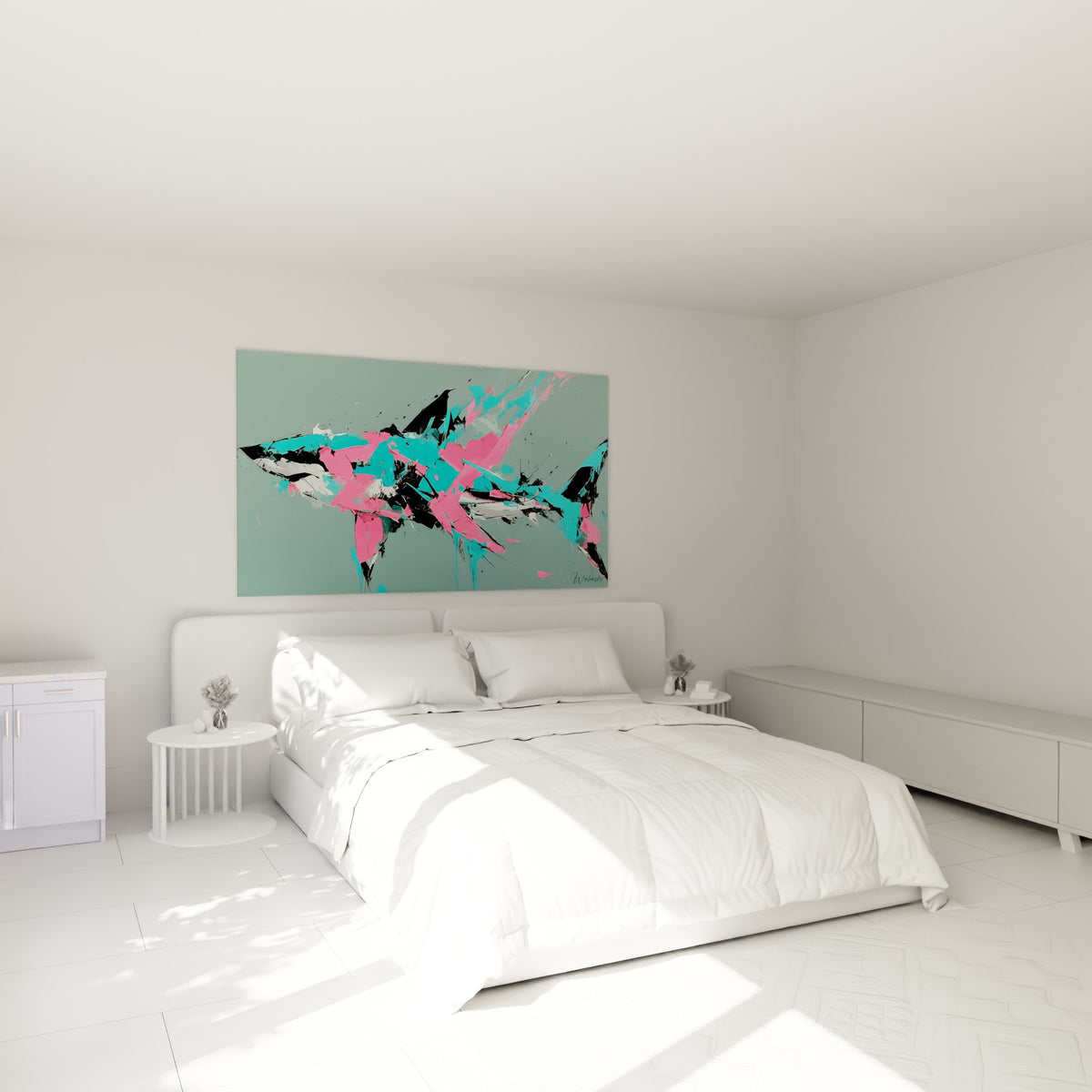 Silhouette de requin rose, turquoise et anthracite au-dessus d'un lit dans une chambre claire