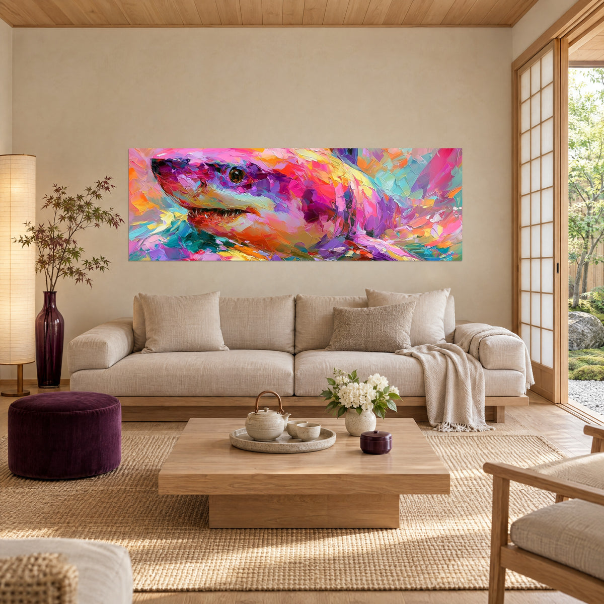 Gemälde Hai mit weißen Zähnen in rosa und türkisfarbenen Pastösen, über einem Sofa in einem hellen Wohnzimmer