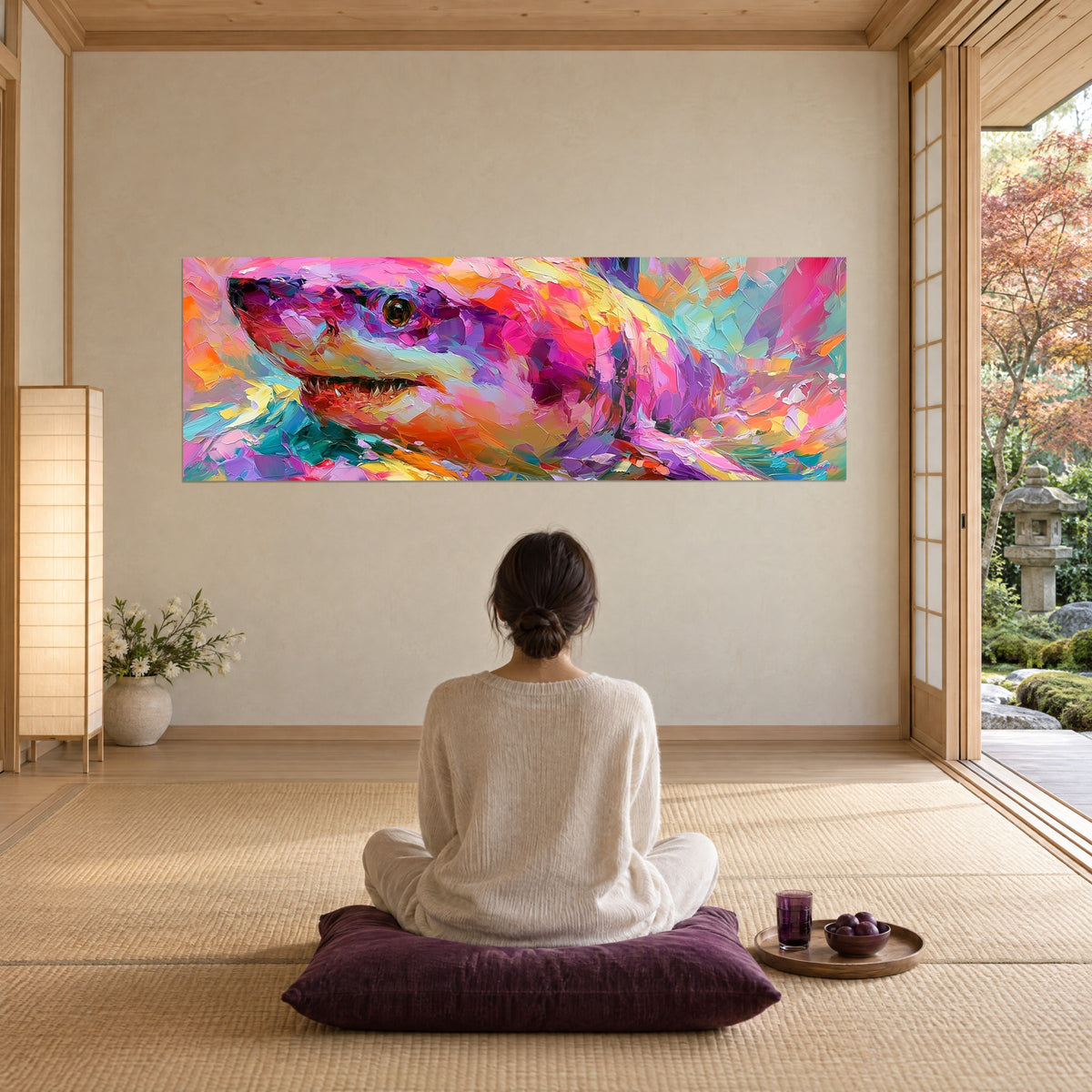 Gemälde Wütender Hai in Fuchsia- und Minzpigmenten, gegenüber einer Frau, die auf einem pflaumenfarbenen Kissen sitzt; Zen-Wohnzimmer