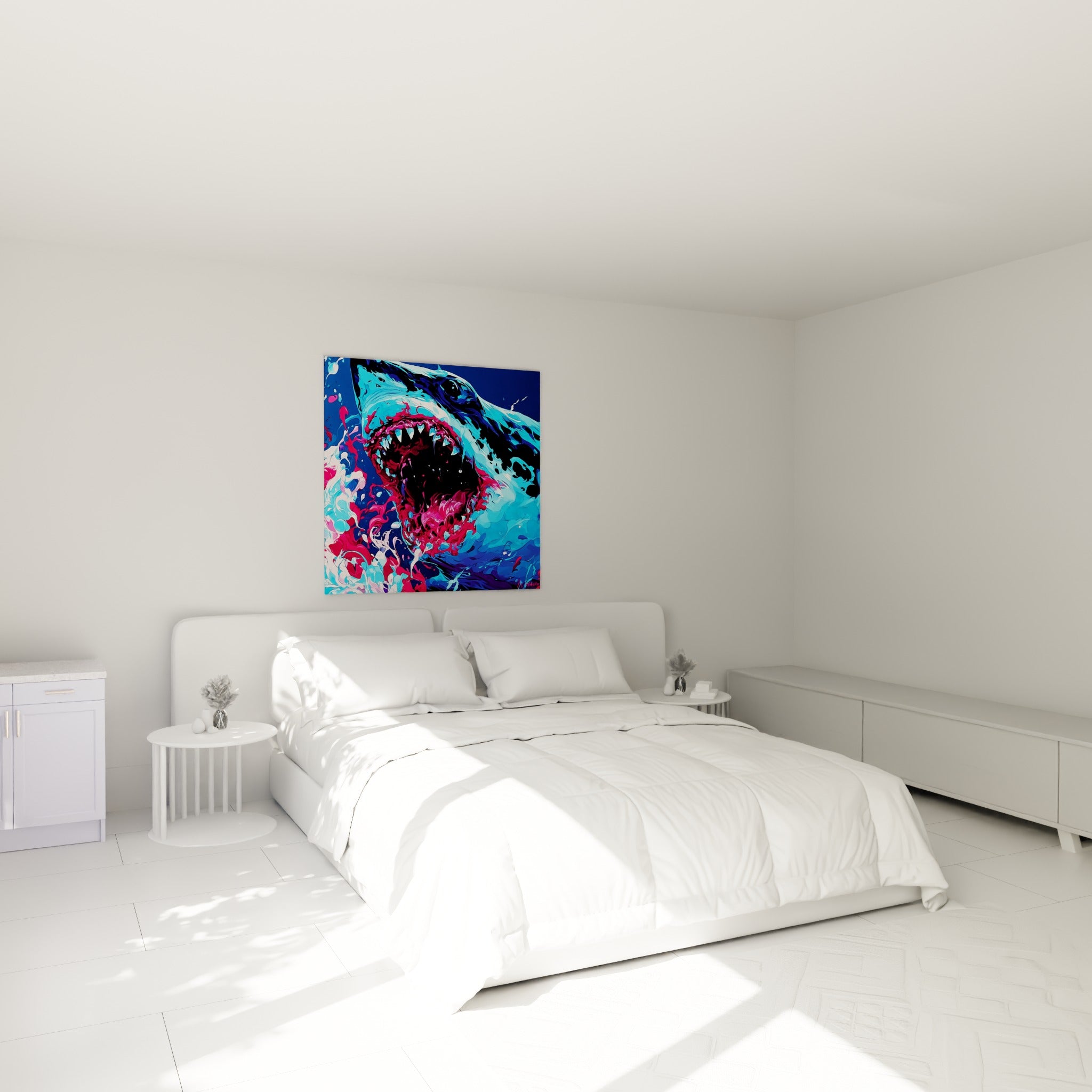 Requin bleu et rose gueule béante au-dessus d'un lit dans une chambre claire