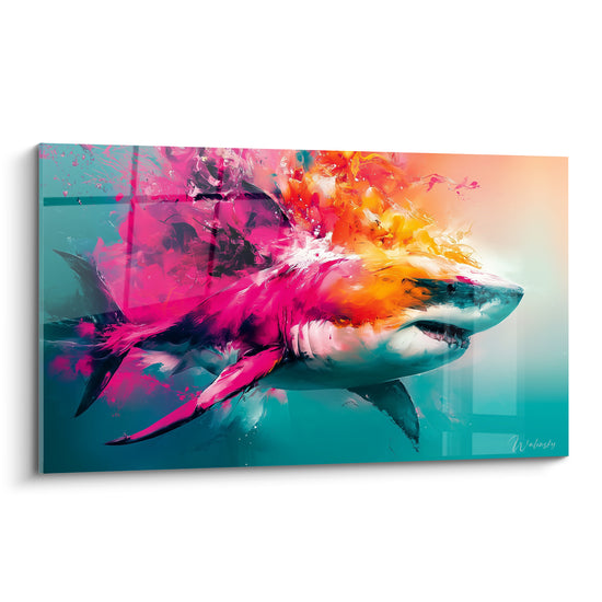 Requin fuchsia et orangé jaillissant d'un nuage de couleurs sur fond turquoise profond