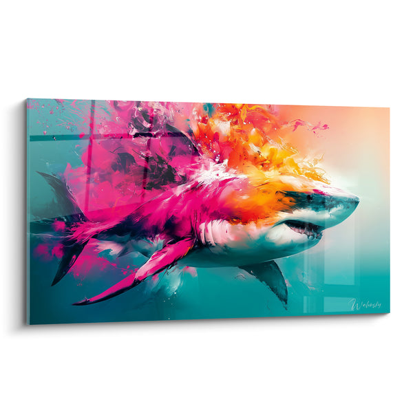 Tableau Requin fuchsia et orangé sur fond turquoise - Éruption marine - Edition Requin