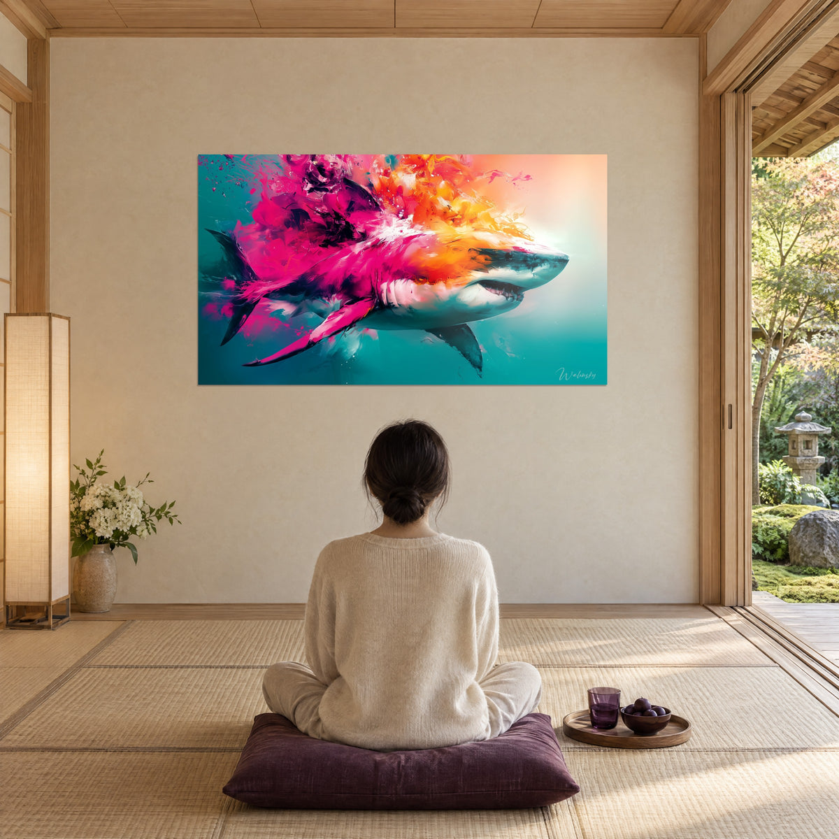 Wall art predatory fish with magenta and orange streaks, turquoise water, facing a zen room, plum cushion on tatami