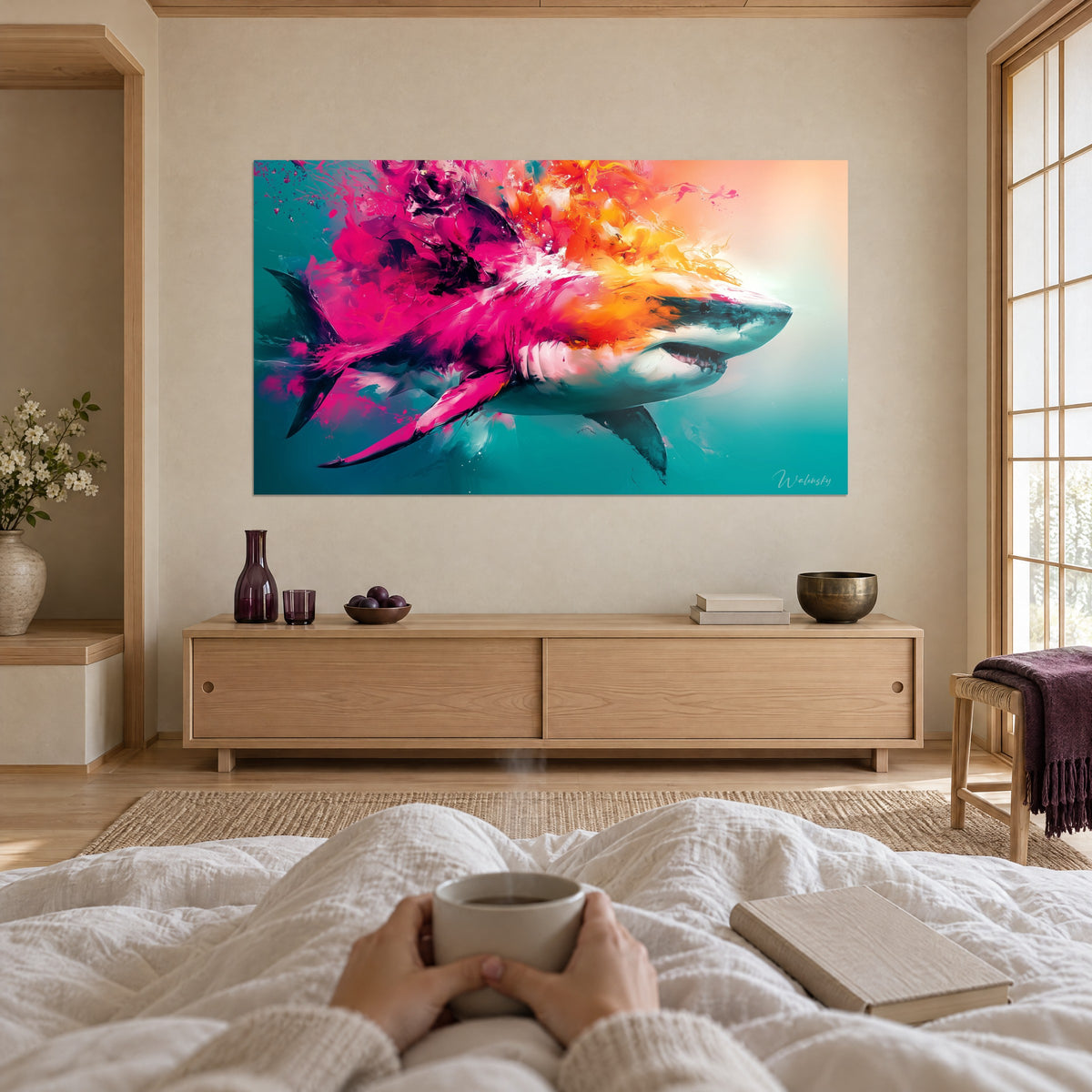 Wall art large shark exploding in magenta and orange clouds over a turquoise gradient, above a bed in a bright bedroom
