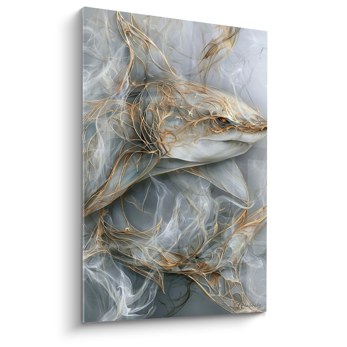 Requin gris et doré dessiné en filaments fins, œil intense, style fumée artistique