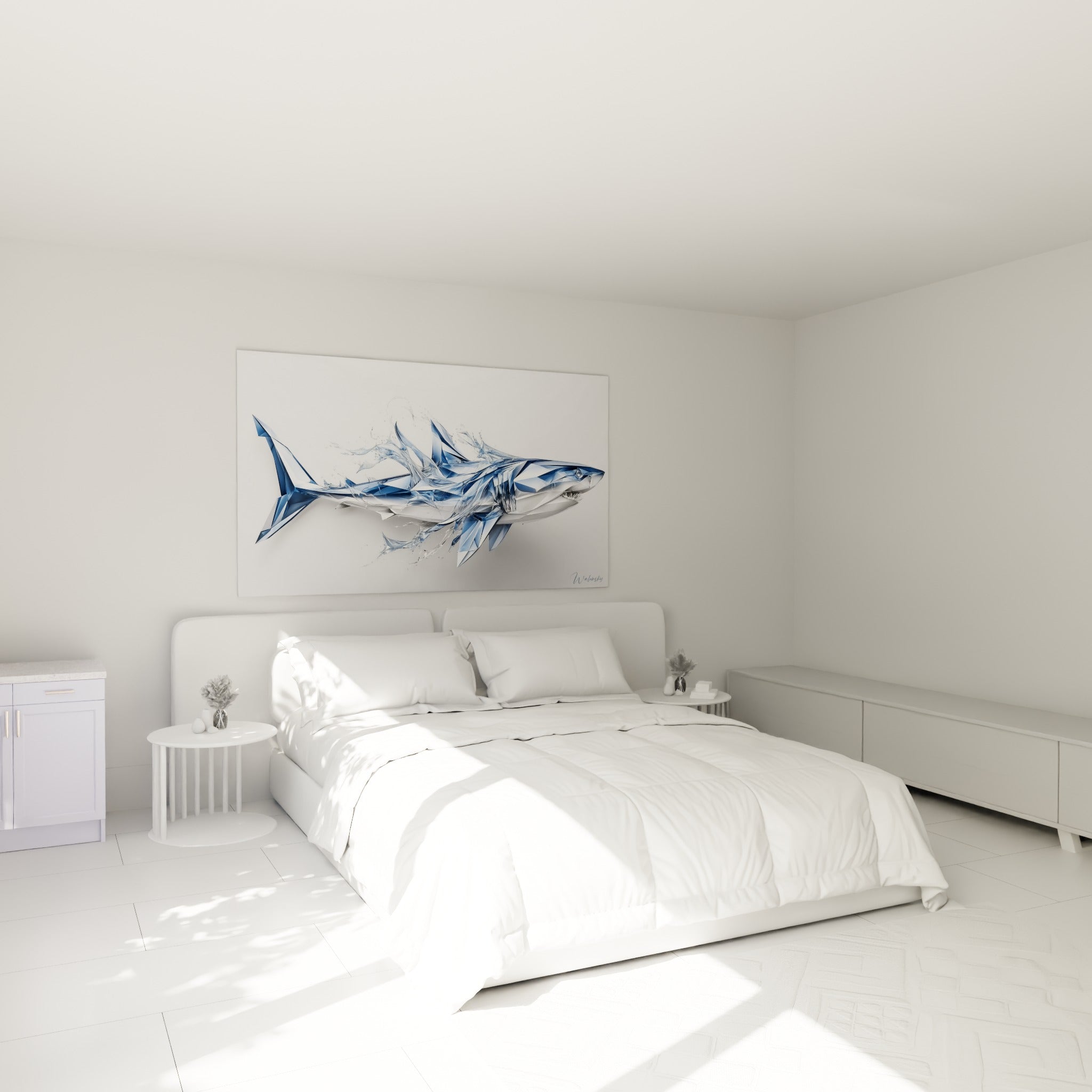Requin cristallin bleu marine et gris perle accroché au-dessus d'un lit dans une chambre claire