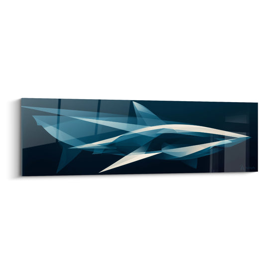 Requin géométrique en bleu marine et blanc, silhouette fragmentée en facettes cristallines nettes