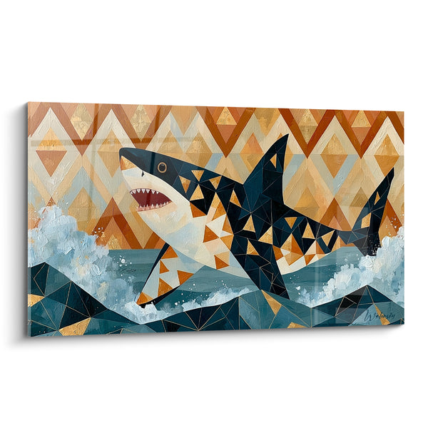 Tableau Requin bleu marine et ocre géométrique - Surgissement des flots - Edition Requin