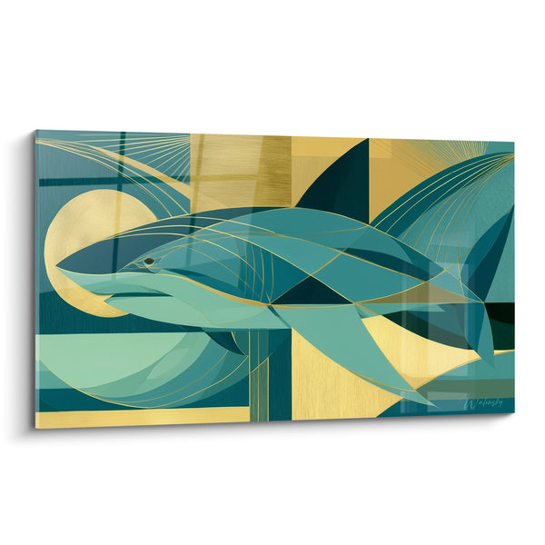 Tableau Requin géométrique aux teintes bleu-vert et dorées - Glisse solaire - Edition Requin