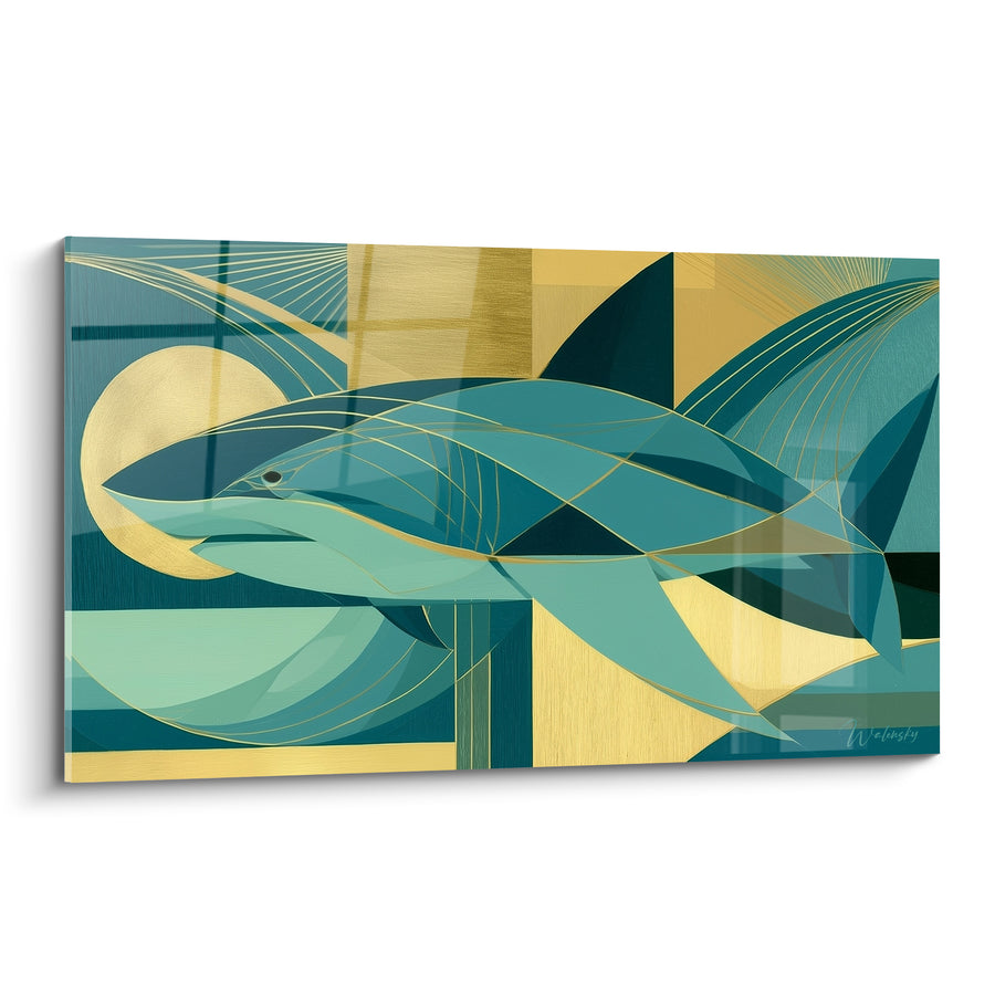Tableau Requin géométrique aux teintes bleu-vert et dorées - Glisse solaire - Edition Requin