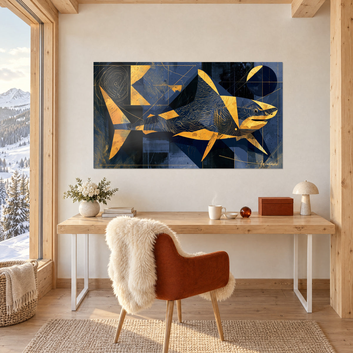 Gemälde Großer goldener Hai mit feinen Linien auf schieferblauem Grund, weiße Wand über einem Schreibtisch aus hellem Holz und einem rostroten Sessel