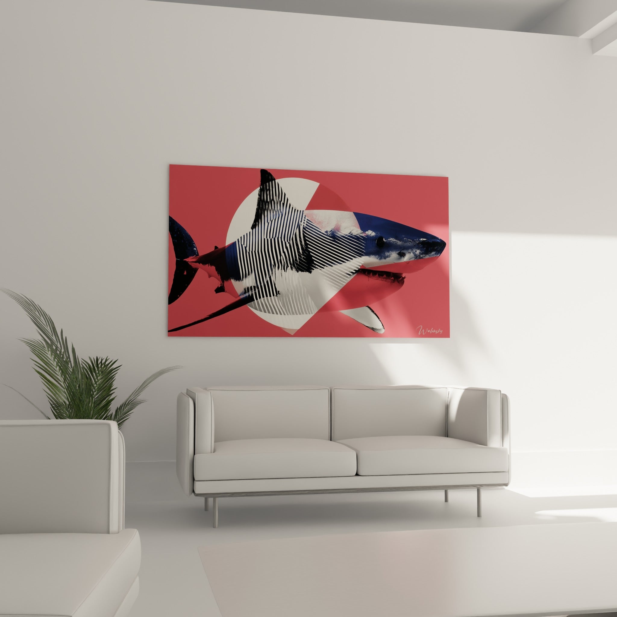 Requin corail et marine à traitement graphique géométrique, au-dessus d'un canapé dans un salon lumineux