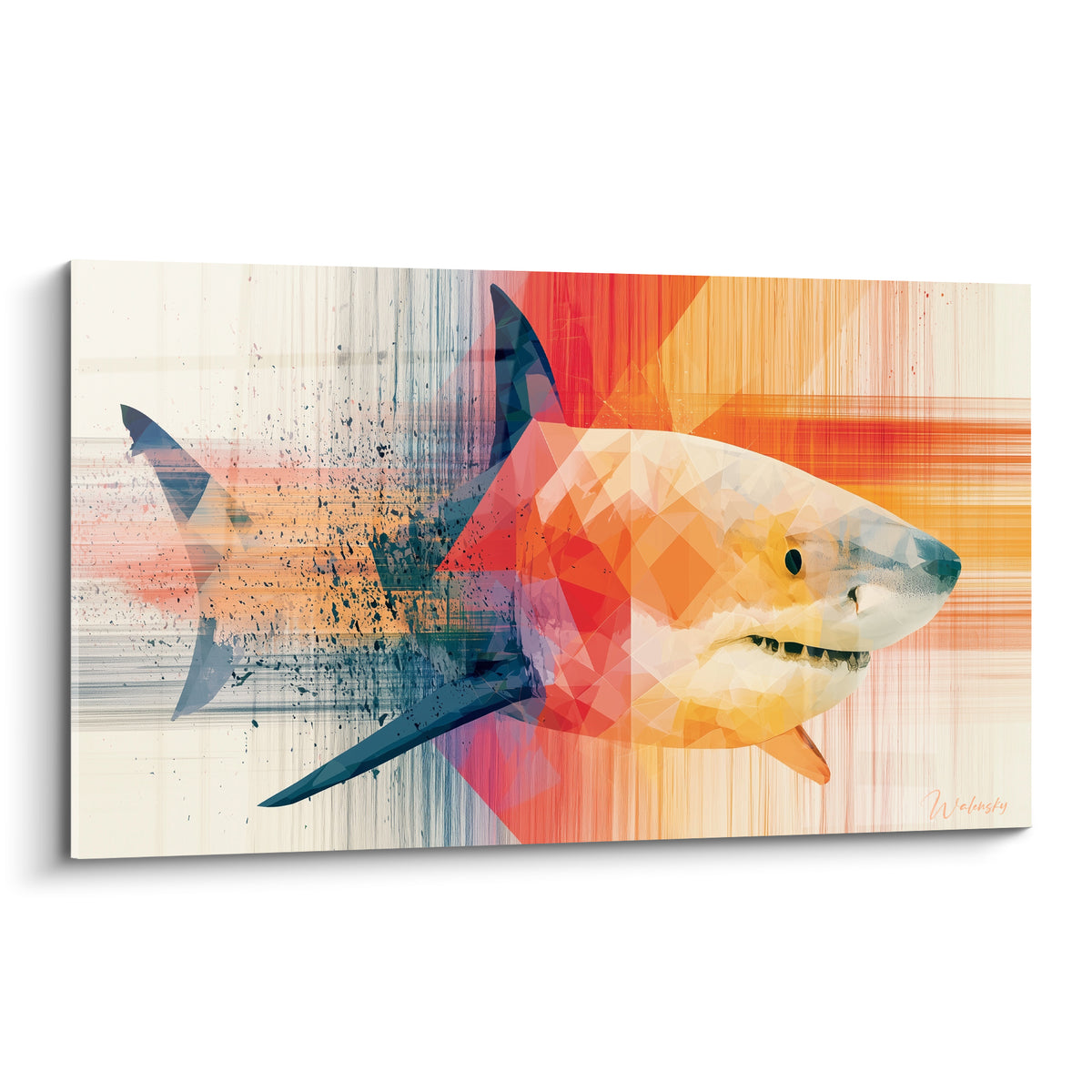 Requin aux facettes orange et bleu marine, tête nette et corps fragmenté en particules