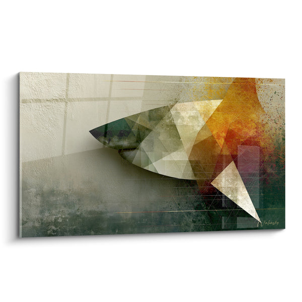 Tableau Requin vert et ocre aux triangles fragmentés - Fond mural craquelé - Edition Requin