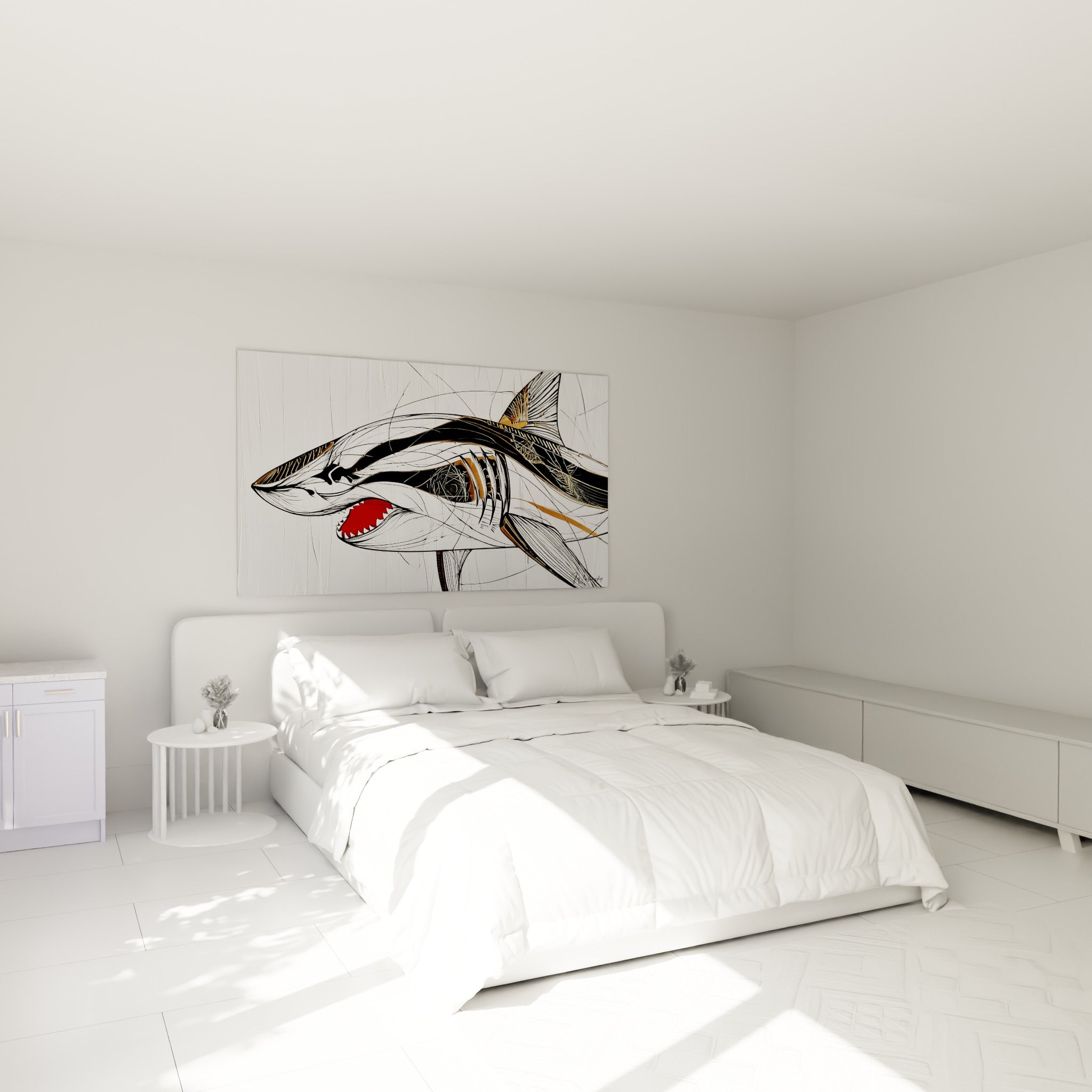 Requin au trait noir et or, mâchoire rouge ouverte, accroché au-dessus d'un lit dans une chambre claire