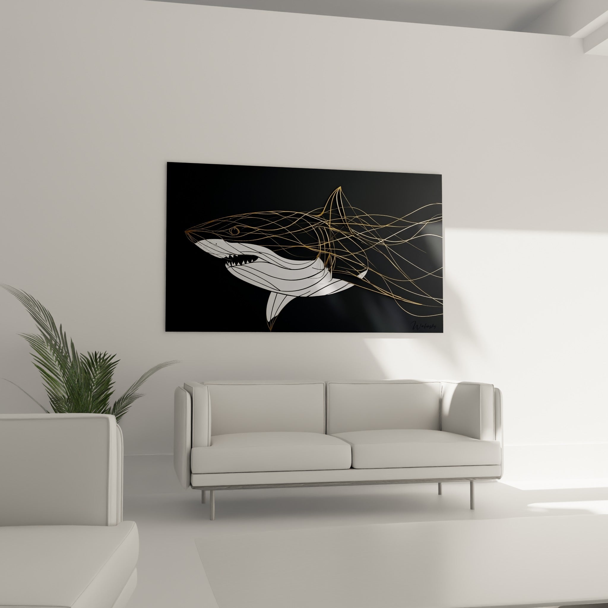 Requin blanc nacré et doré en pleine dissolution graphique, au-dessus d'un canapé dans un salon lumineux