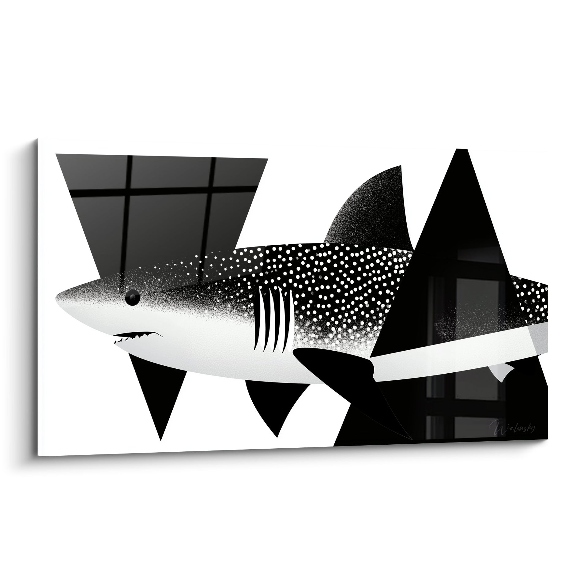 Requin noir et blanc aux motifs pointillés surgissant parmi des formes triangulaires anthracites