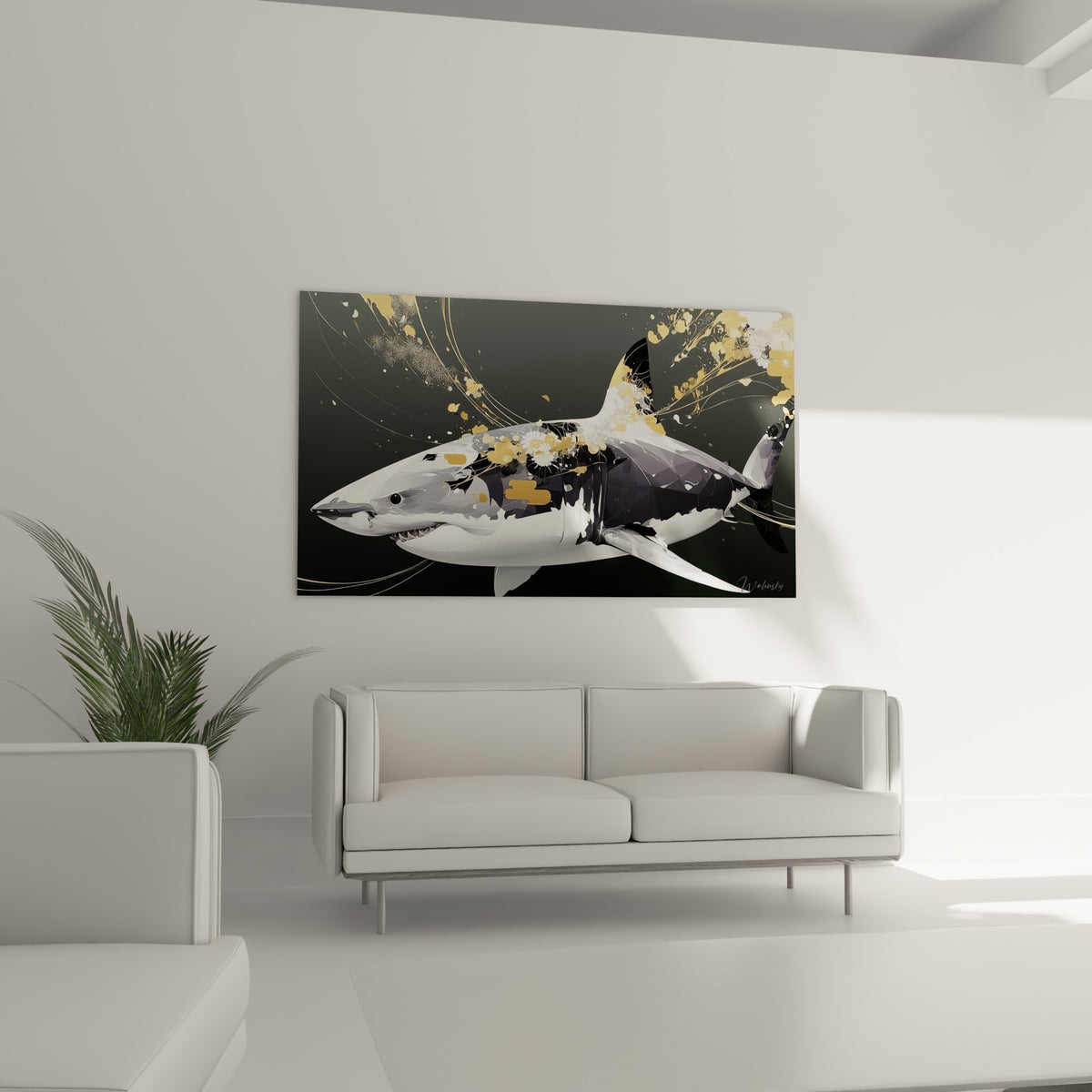 Silhouette de requin blanche et anthracite ornée de fleurs dorées, au-dessus d'un canapé dans un salon lumineux