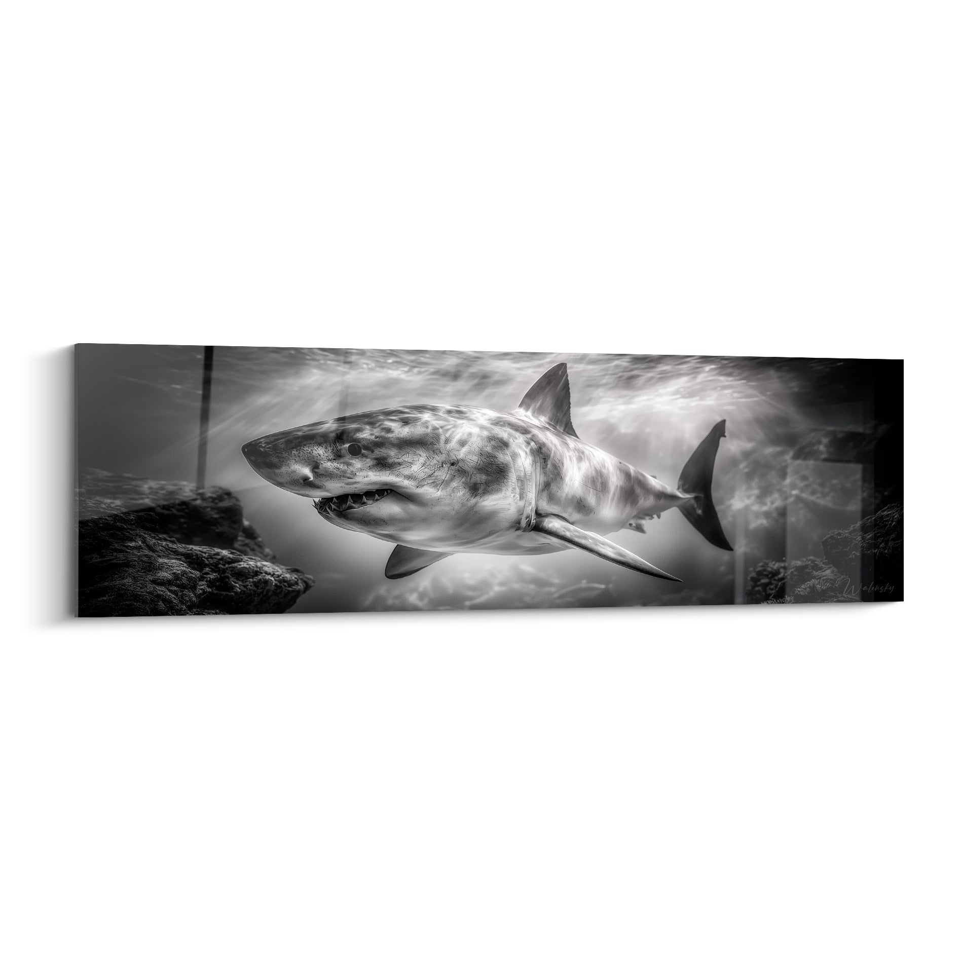 Requin gris et blanc nageant gueule ouverte parmi les rochers sombres des profondeurs