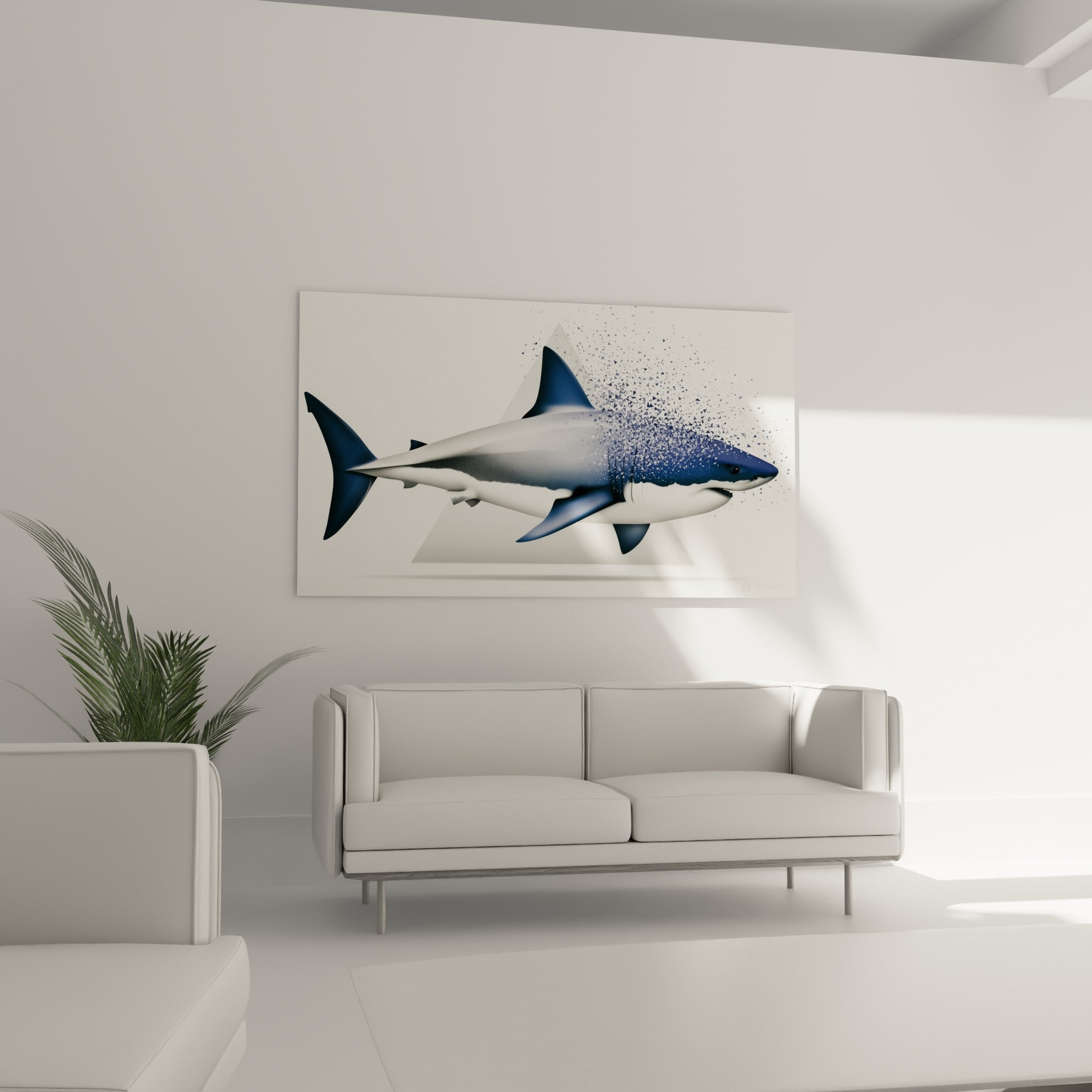 Requin gris et bleu marine à l'effet de particules éclatées, suspendu au-dessus d'un canapé dans un salon lumineux
