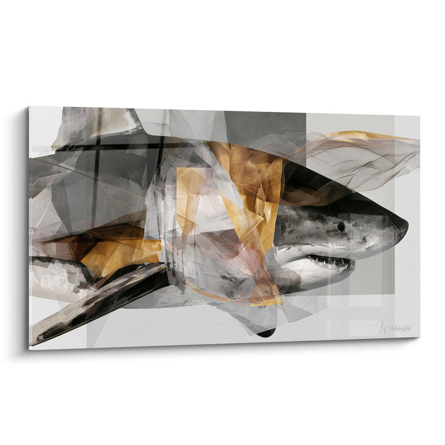 Tableau Requin gris et doré aux voiles fragmentés - Œil sombre perçant - Edition Requin