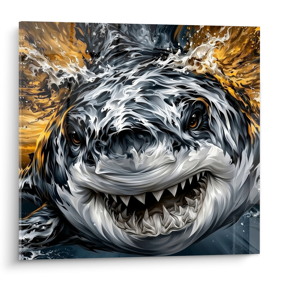 Tableau Requin gris et doré aux mâchoires ouvertes - Attaque imminente - Edition Requin