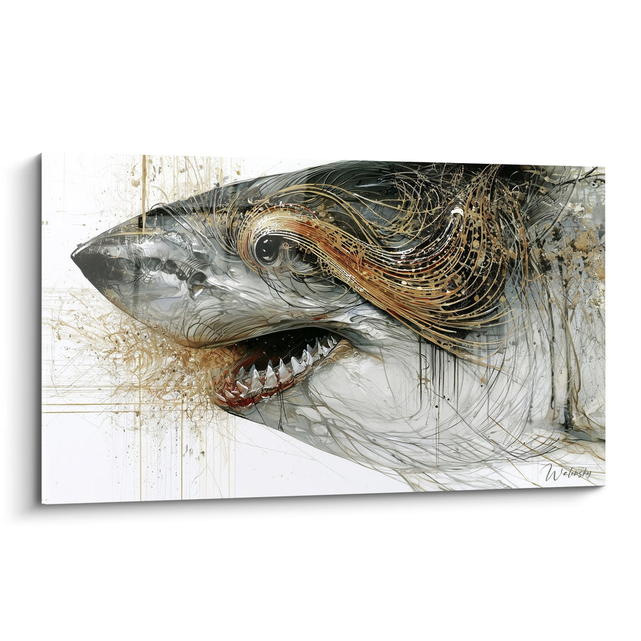 Tableau Requin gris et doré aux fines striures filiformes - Dents ensanglantées - Edition Requin