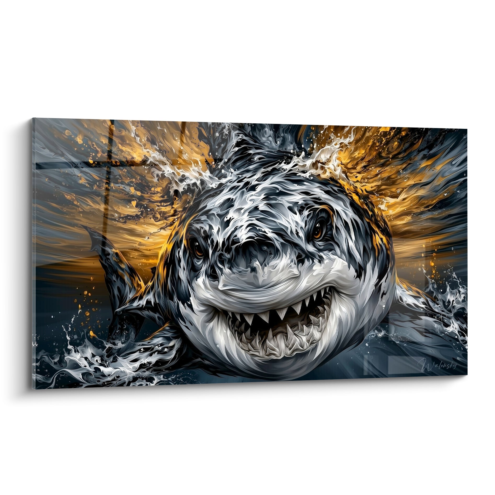 Requin gris anthracite gueule ouverte, éclats dorés en explosion sur fond sombre marin