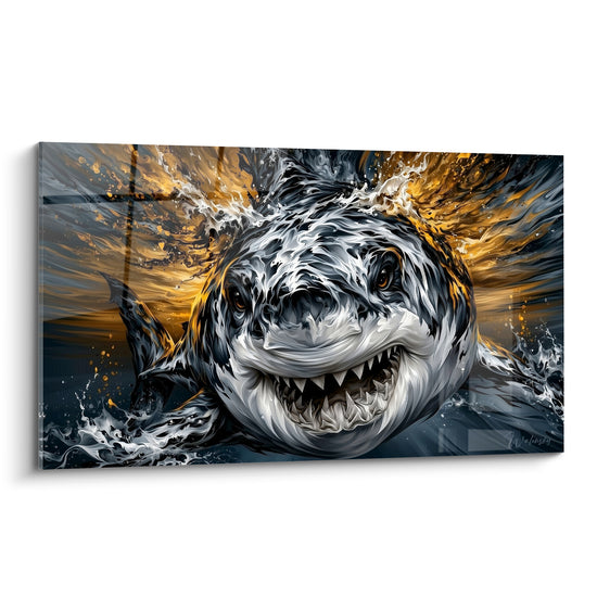 Requin gris anthracite gueule ouverte, éclats dorés en explosion sur fond sombre marin