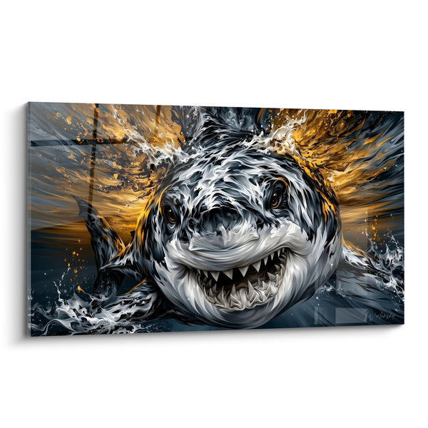 Tableau Requin gris et doré aux dents acérées - Regard frontal intense - Edition Requin