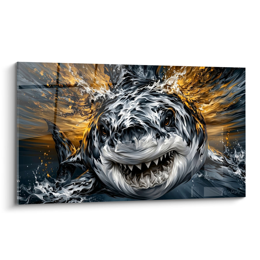 Tableau Requin gris et doré aux dents acérées - Regard frontal intense - Edition Requin