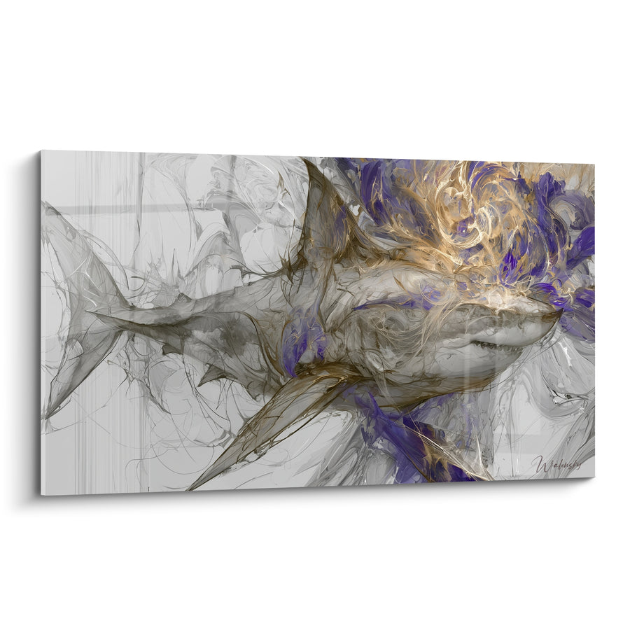 Tableau Requin gris et doré aux volutes violettes - Fantôme des abysses - Edition Requin