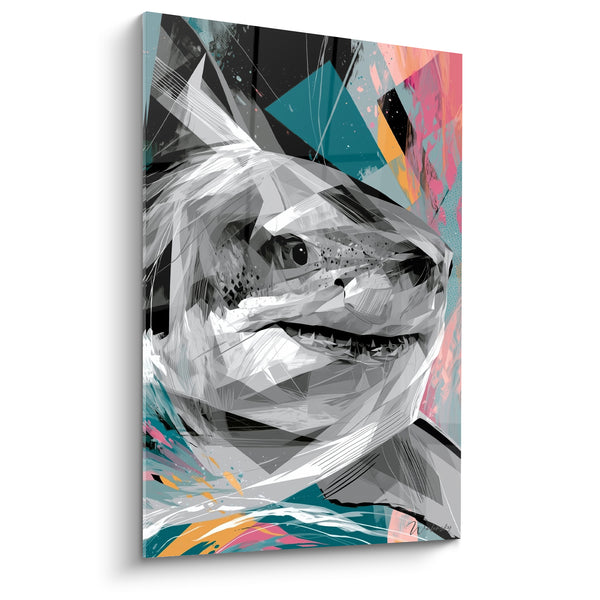 Tableau Requin gris et blanc aux facettes cristallines - Éclats turquoise et corail - Edition Requin