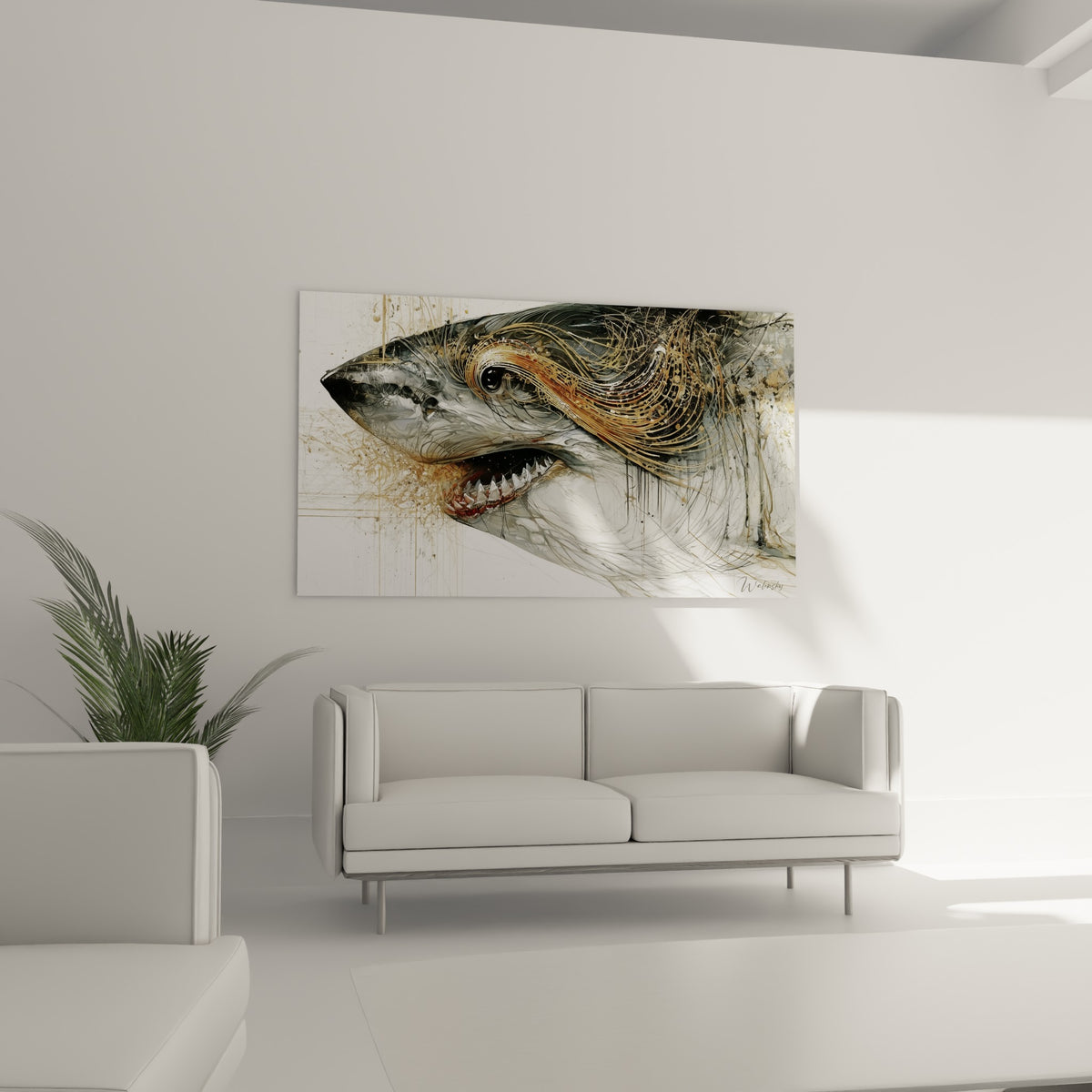 Requin gris et or à la mâchoire entrouverte, suspendu au-dessus d'un canapé dans un salon lumineux