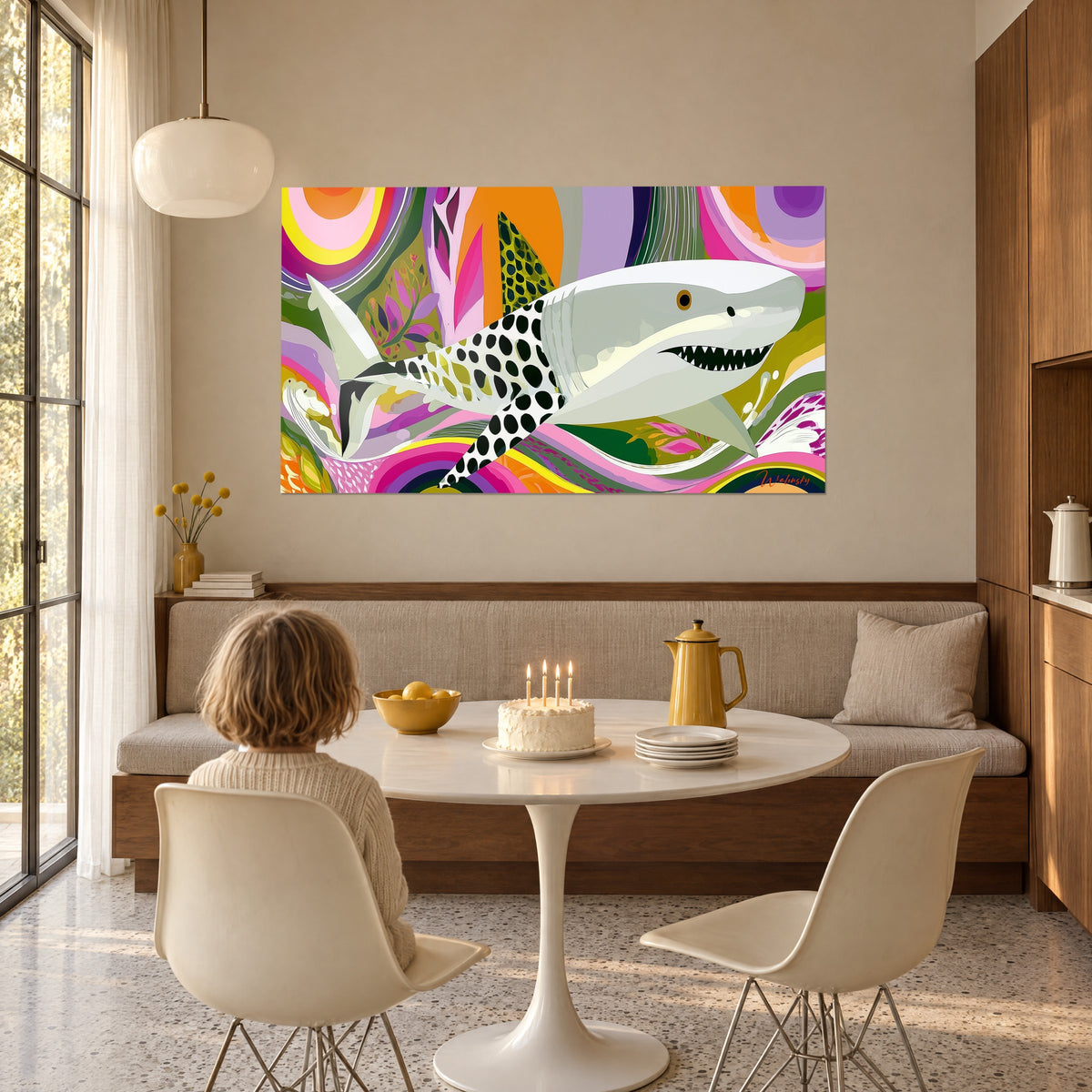 Tableau grand requin à l'œil ambré, vagues vert olive et rose vif, dans un salon lumineux, enfant devant le gâteau