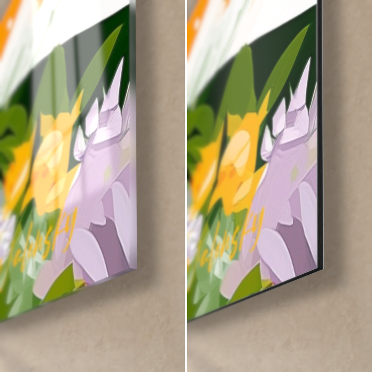 Tableau requin et fleurs jaunes et mauves, coin bas droit : verre acrylique brillant à gauche, alu Dibond mat noir à droite, tranche de 3 mm