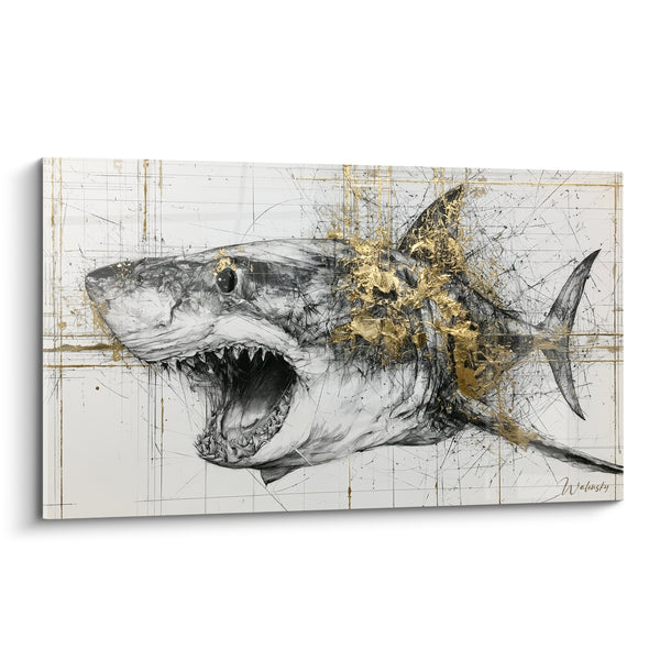 Tableau Requin gueule ouverte griffé doré - Attaque figée - Edition Requin