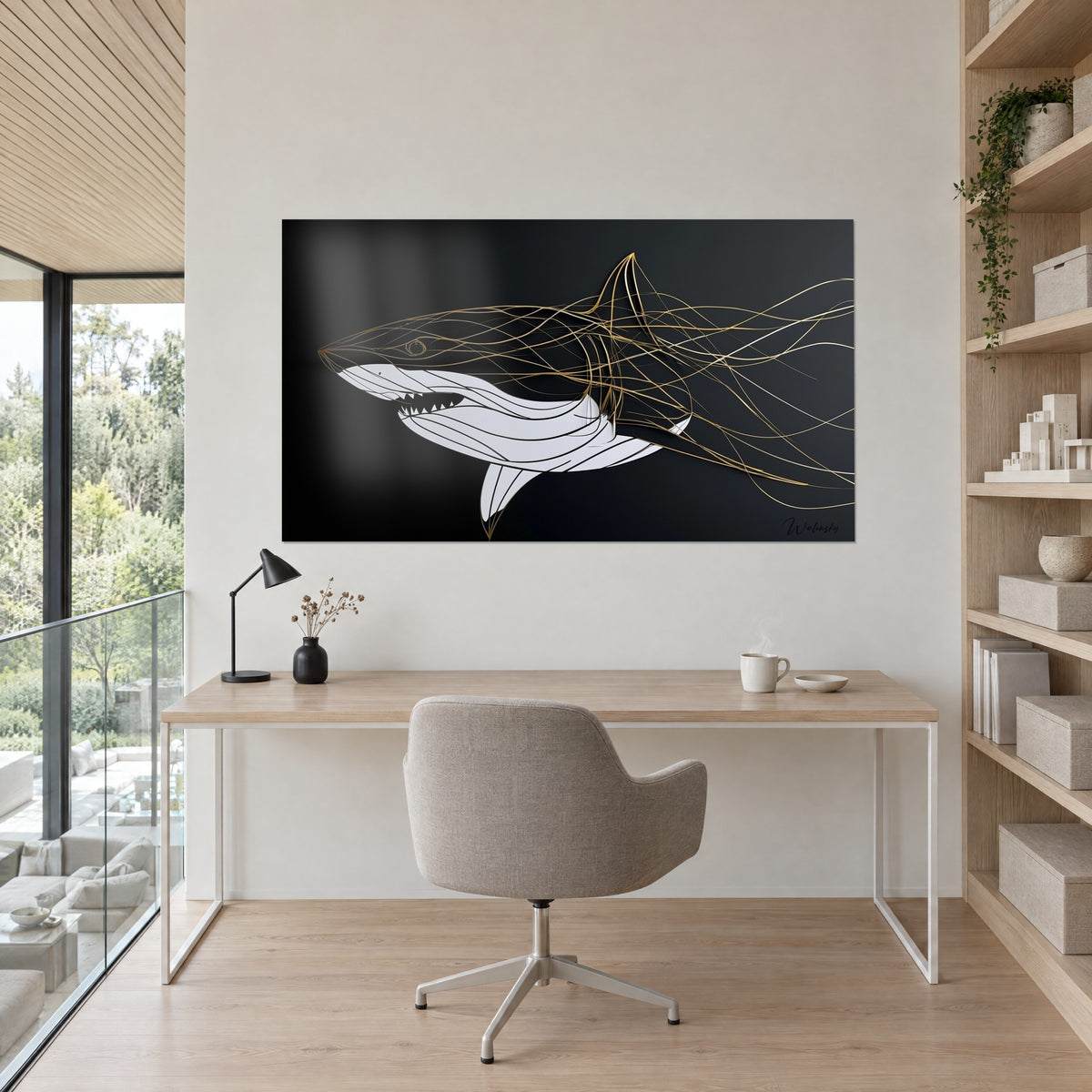 Tableau requin stylisé blanc crème, traits d'or sur fond noir, mur clair, bureau en bois et fauteuil gris