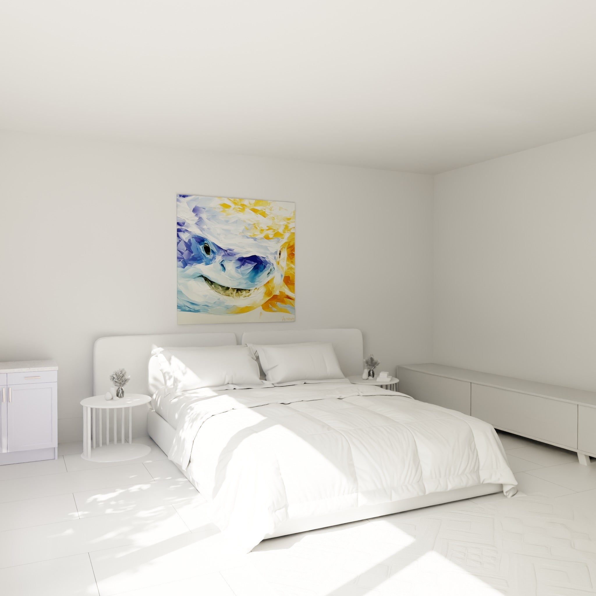 Requin bleu et jaune ocre en relief accroché au-dessus d'un lit dans une chambre claire
