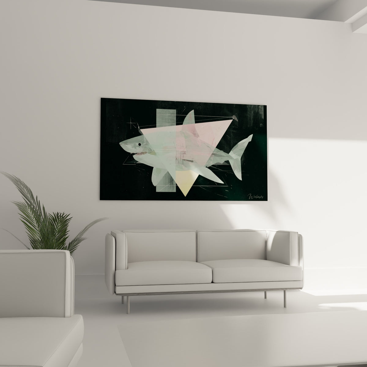 Requin rose et vert menthe aux formes géométriques au-dessus d'un canapé dans un salon lumineux
