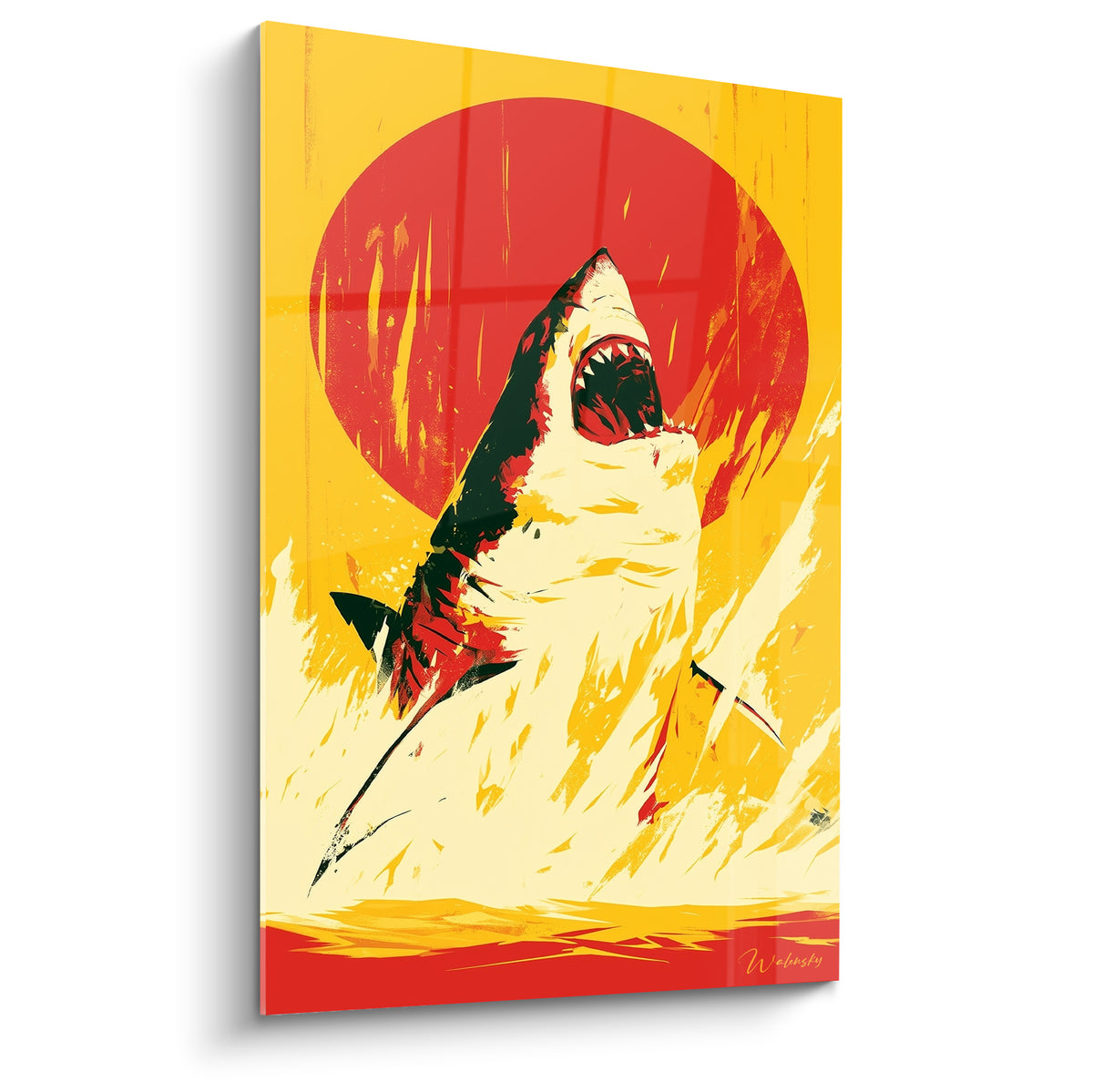 Requin blanc et rouge gueule ouverte, bondissant devant un disque écarlate sur fond jaune vif