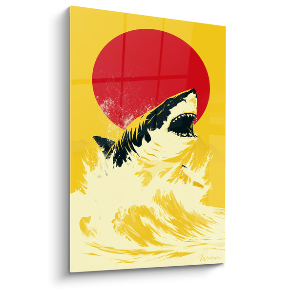 Tableau Requin bondissant jaune et rouge soleil - Fureur des vagues - Edition Requin