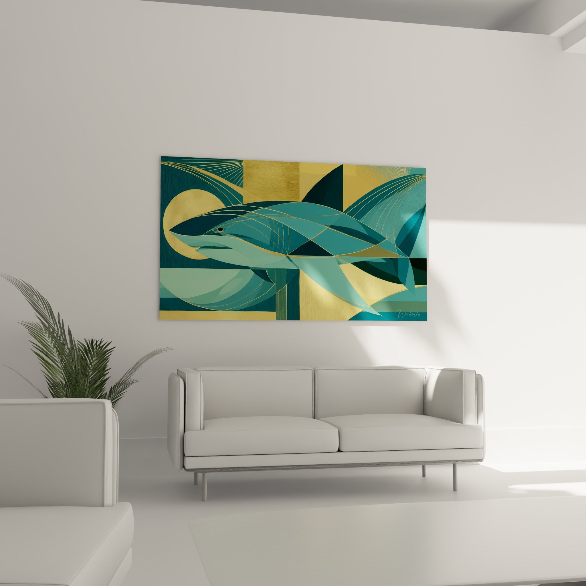 Requin bleu profond et jaune solaire en composition géométrique, au-dessus d'un canapé dans un salon lumineux