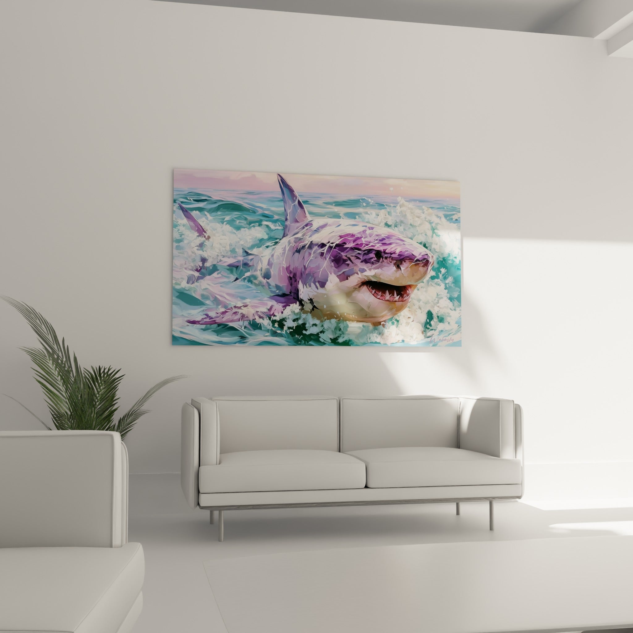 Requin lavande et bleu-vert émergeant des flots écumeux, nageoires dressées, au-dessus d'un canapé dans un salon lumineux