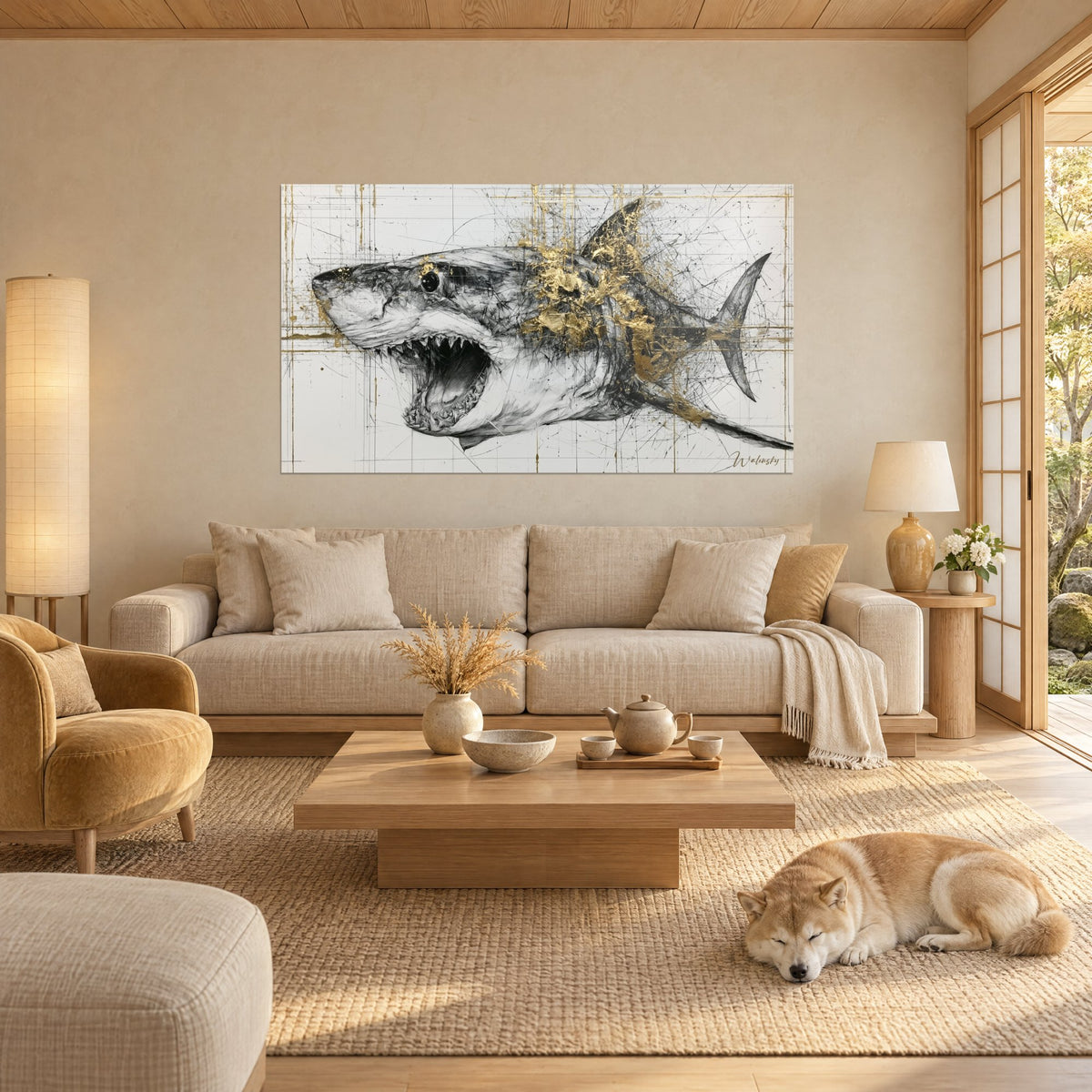 Cuadro gran tiburón blanco de dientes afilados, trazos negros y destellos dorados sobre fondo marfil, Shiba tumbado debajo, encima de un sofá en un salón luminoso